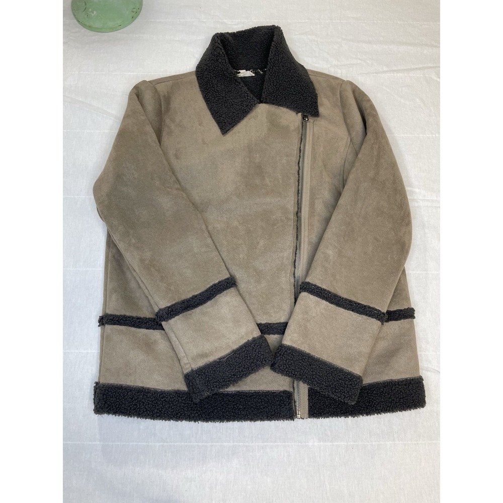 Mystree Vegan Faux Suede Sherpa Lined Taupe Zip Jacket Coat Womens S